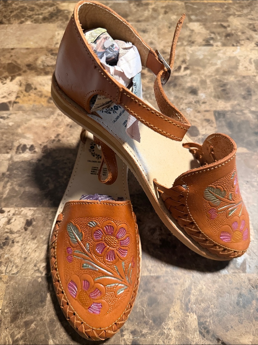 Women’s Tan Leather Floral Embroidered Sandals